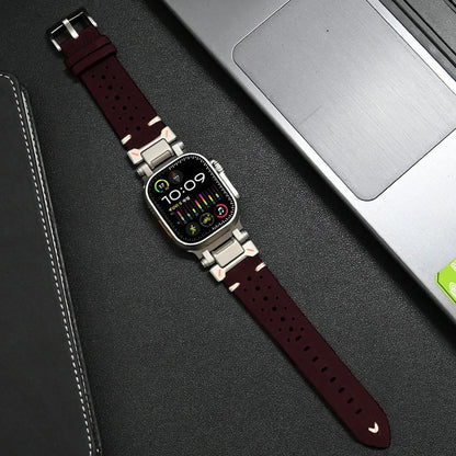 Premium red leather smartwatch band, sleek design for a stylish and durable fit.
