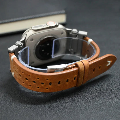 Black genuine leather unisex watch band with silver hardware, a versatile accessory.