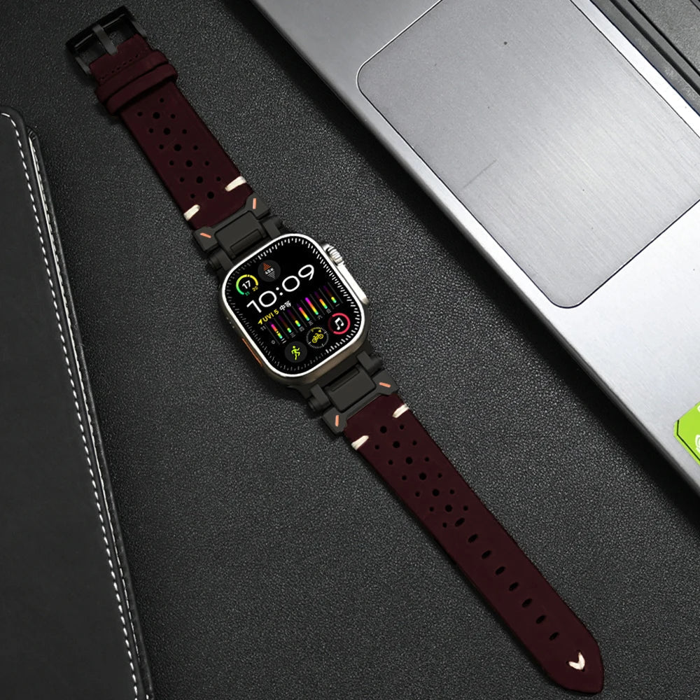 Durable brown leather smartwatch strap, comfortable and long-lasting for daily use.
