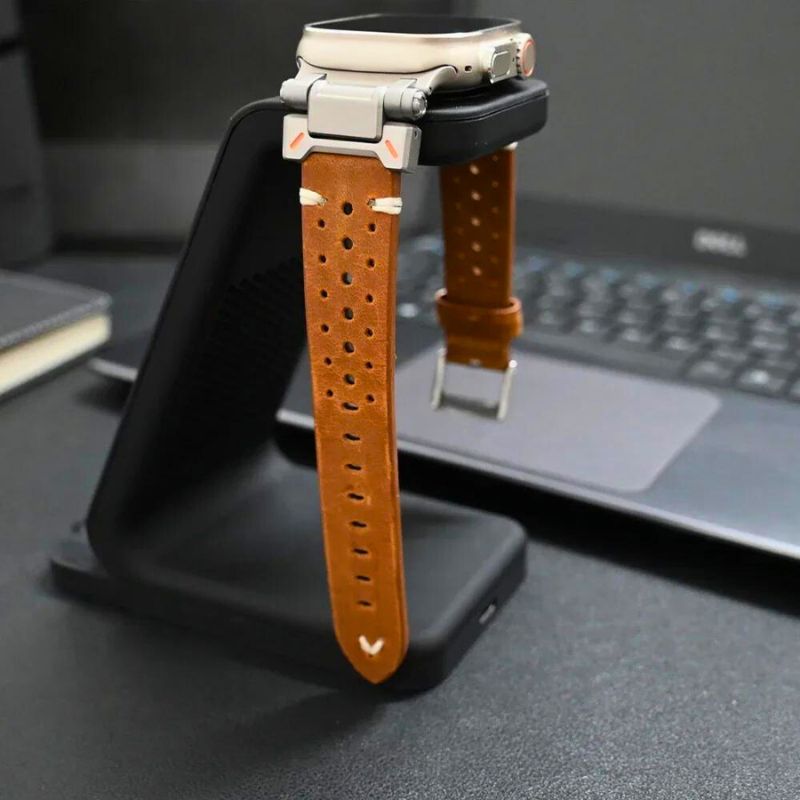 Sleek red leather smartwatch band, a premium unisex accessory for a sophisticated look.