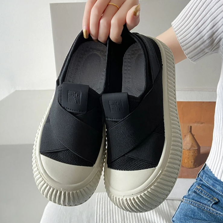 Front view of trendy black Seraphine platform loafers. Women's comfortable slip-on footwear for a modern casual style.
