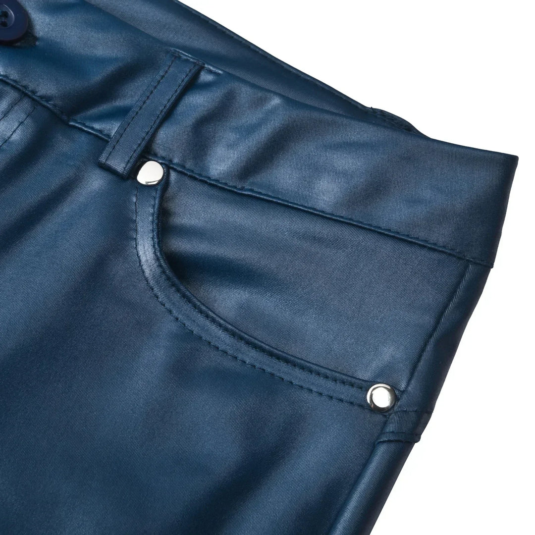 Women's blue faux leather slim-fit trousers with high waist, perfect for versatile modern fashion.