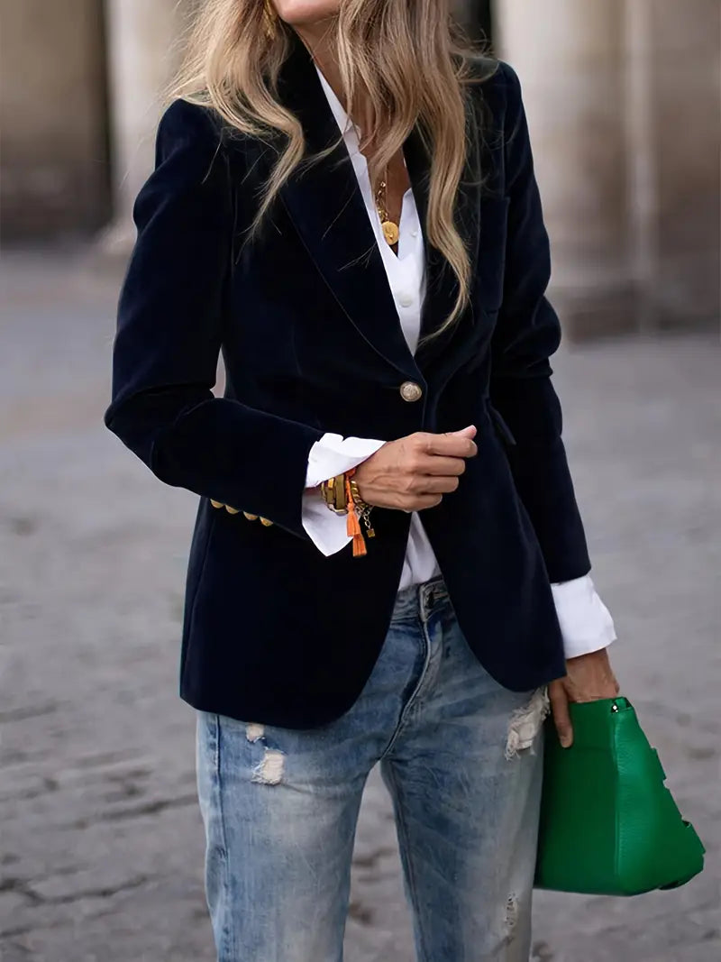 Black slim fit women's blazer with gold button cuffs & peak lapel. Elegant tailored jacket for formal wear.