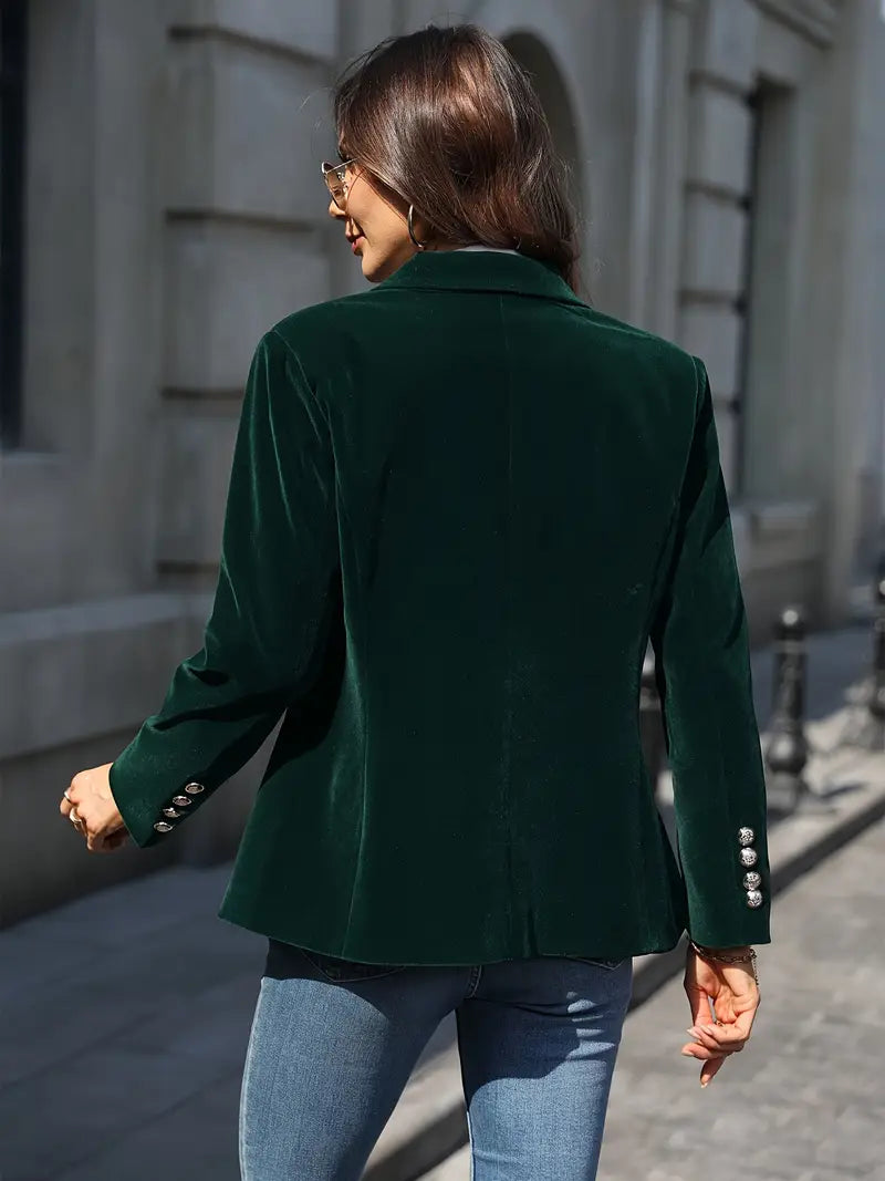 Green slim fit women's blazer with gold button cuffs & peak lapel. Elegant tailored jacket for formal wear.