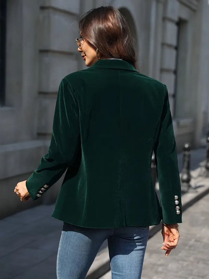 Green slim fit women's blazer with gold button cuffs & peak lapel. Elegant tailored jacket for formal wear.