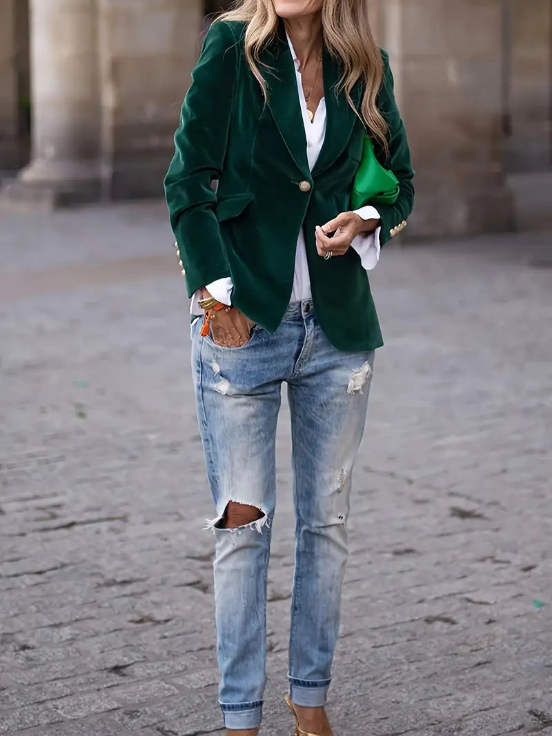 Sophisticated women's green blazer, slim fit, featuring gold buttons & sharp peak lapel. Smart casual outerwear.