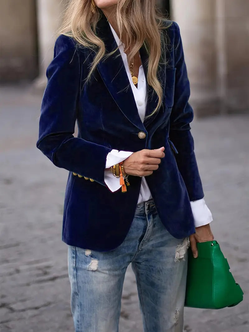 Sophisticated women's black blazer, slim fit, featuring gold buttons & sharp peak lapel. Smart casual outerwear.