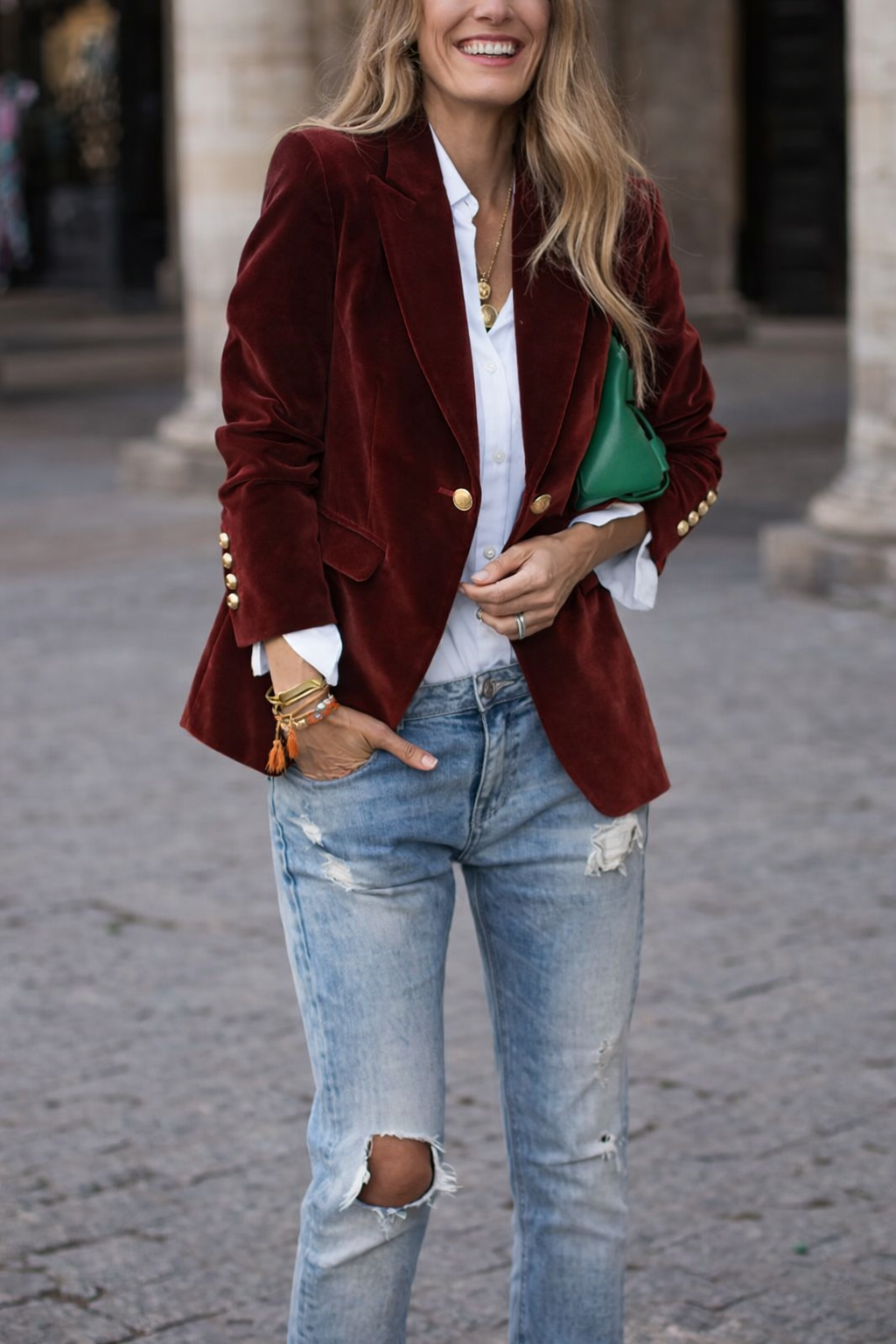 Sophisticated women's red blazer, slim fit, featuring gold buttons & sharp peak lapel. Smart casual outerwear.