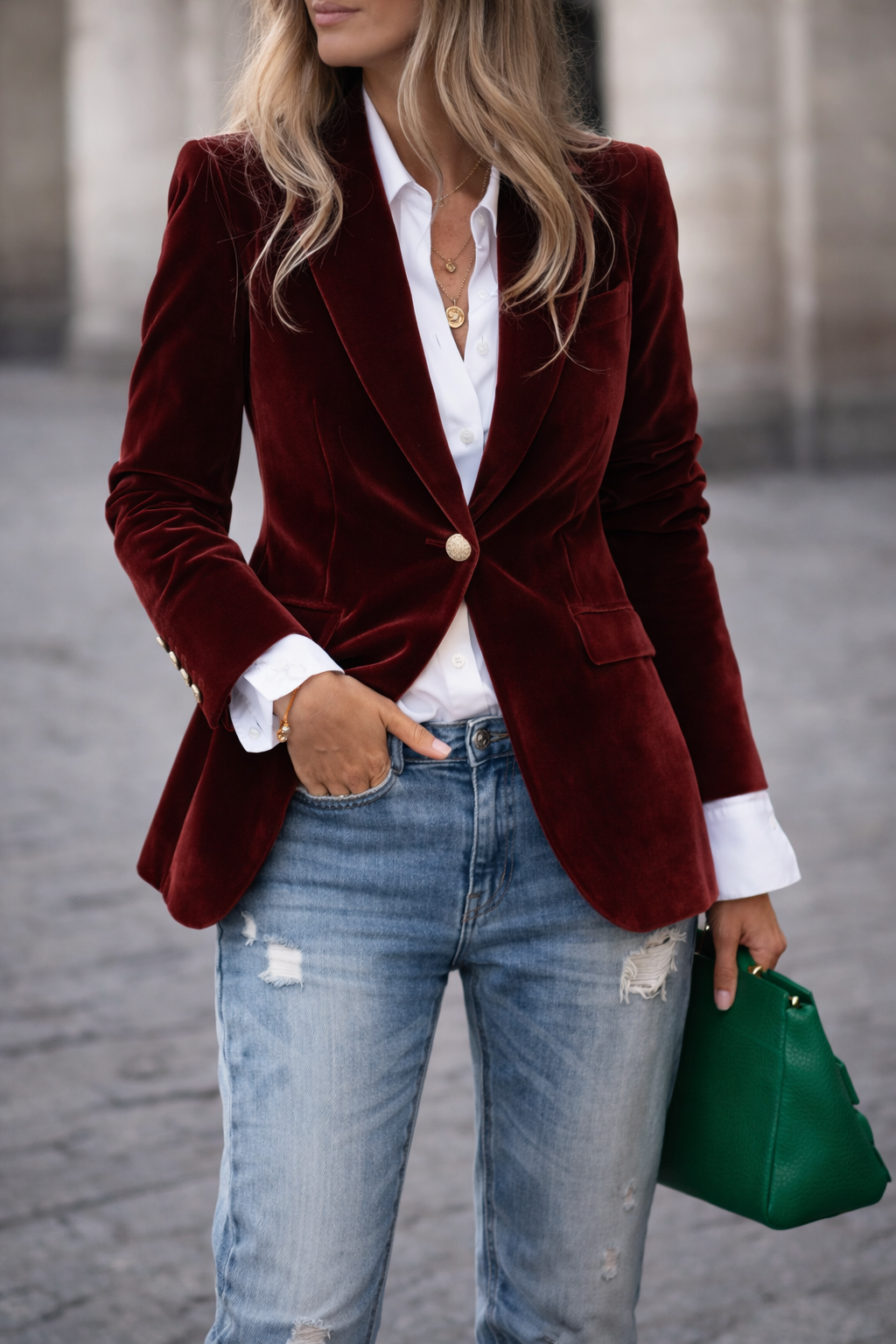 Elegant black women's blazer, slim fit, with prominent gold button cuffs & a sleek peak lapel. Formal or casual.