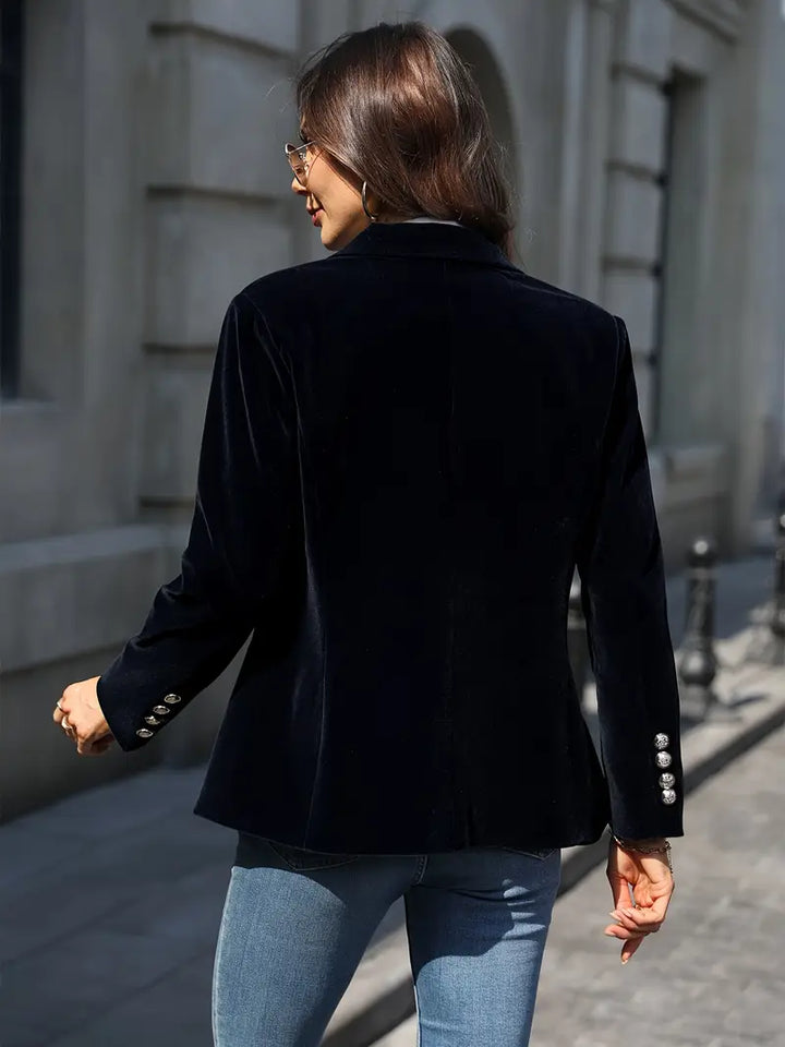 Classic black women's slim fit blazer, gold buttons, peak lapel. Perfect sophisticated outerwear for women.
