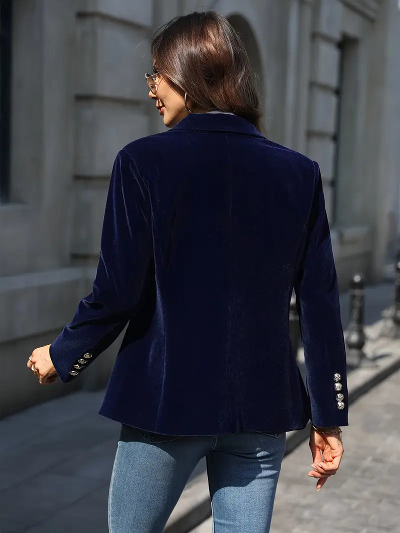 Women's tailored blue blazer, slim fit, with stylish gold button cuffs & peak lapel for an elegant look.