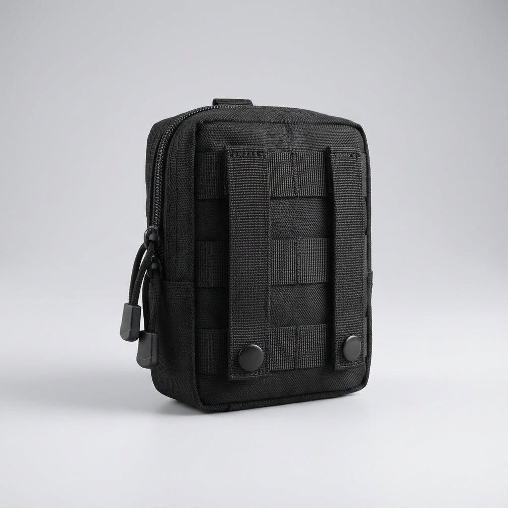 Compact tactical storage bag with MOLLE system for organizing outdoor essentials, camping, & travel gear.