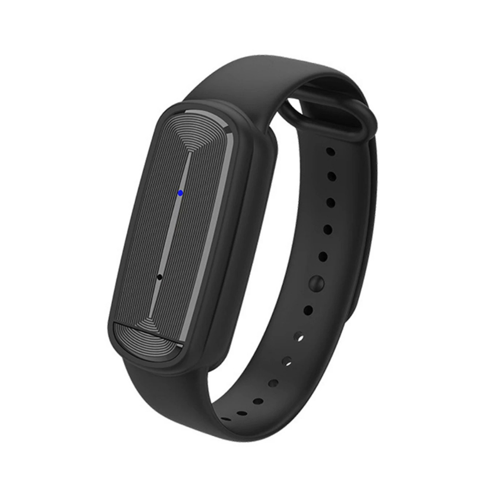 Black ultrasonic mosquito repellent bracelet, chemical-free for outdoor insect protection.