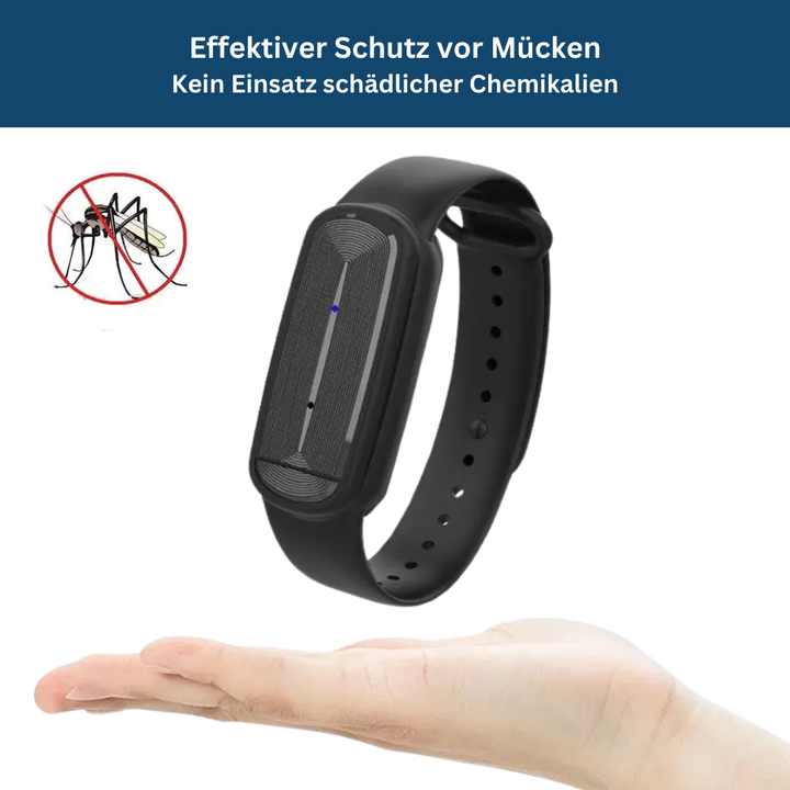 Adjustable black ultrasonic pest control bracelet, a chemical-free mosquito repellent solution.