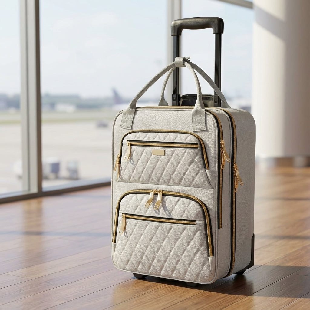Black underseat rolling travel bag with laptop protection, ideal carry-on for business trips.
