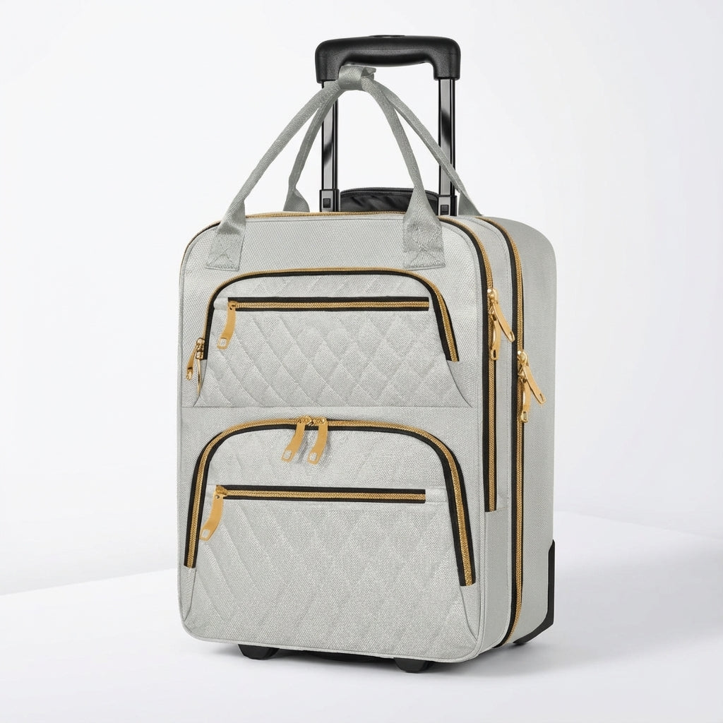 Compact gray wheeled underseat luggage bag, perfect personal item for organized overnight travel.