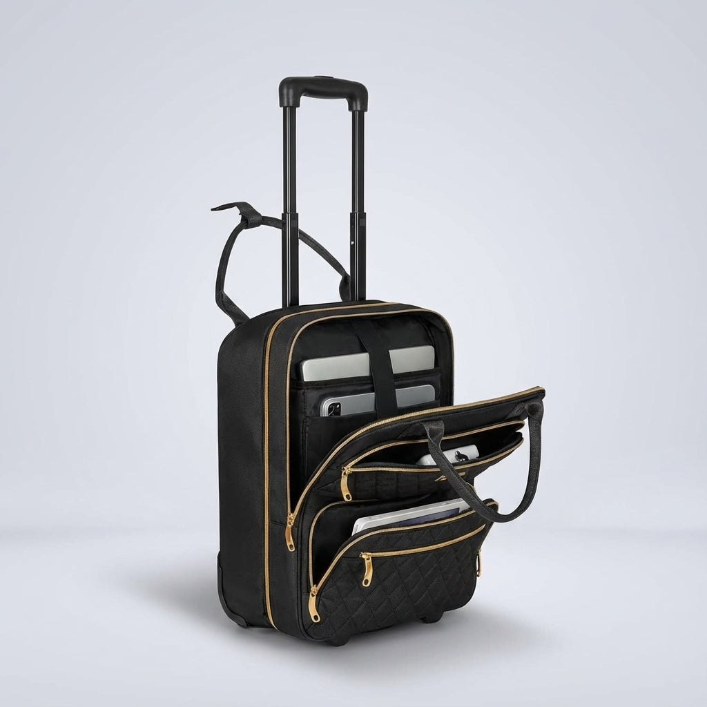 SwiftSeat pink underseat rolling bag with laptop protection, a compact wheeled personal item for business travel.