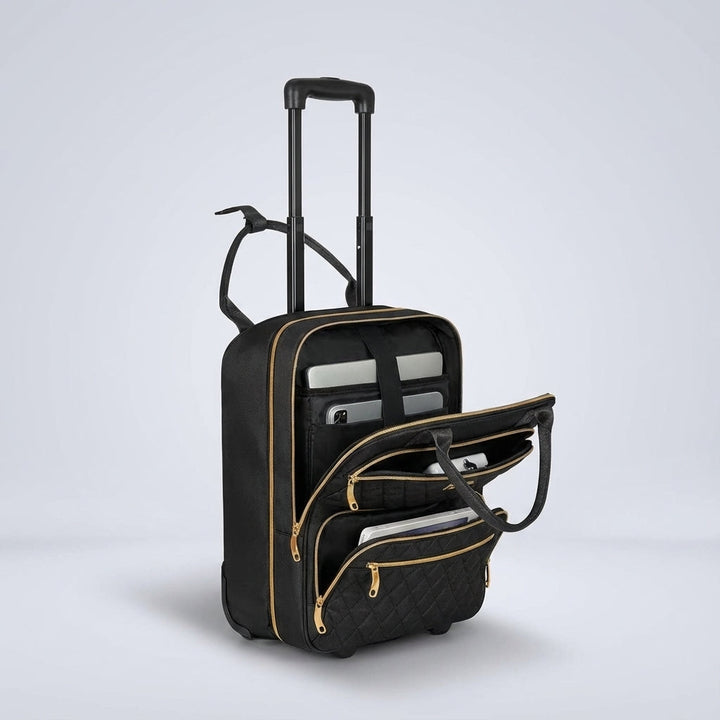 SwiftSeat pink underseat rolling bag with laptop protection, a compact wheeled personal item for business travel.