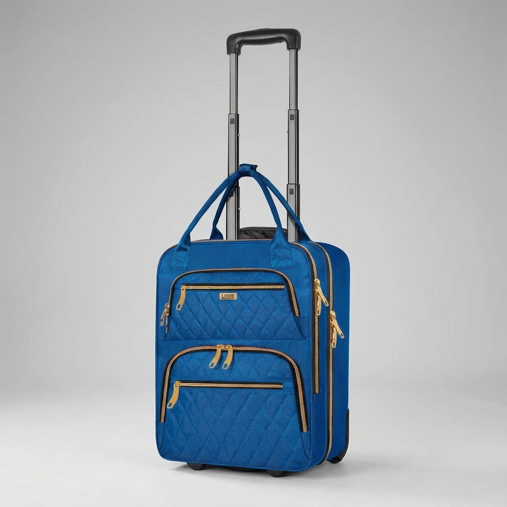 Black underseat rolling luggage with laptop sleeve, a compact personal item for efficient overnight and business travel.