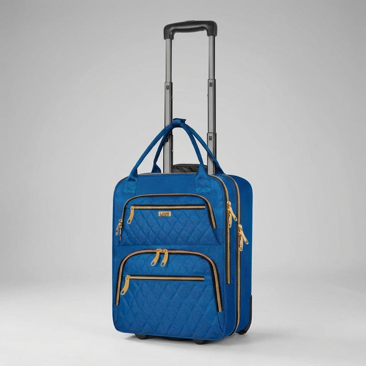 Black underseat rolling luggage with laptop sleeve, a compact personal item for efficient overnight and business travel.