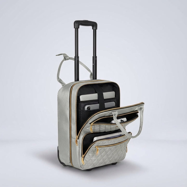 Versatile rolling underseat travel bag with laptop protection, available in black, blue, gray, and pink.