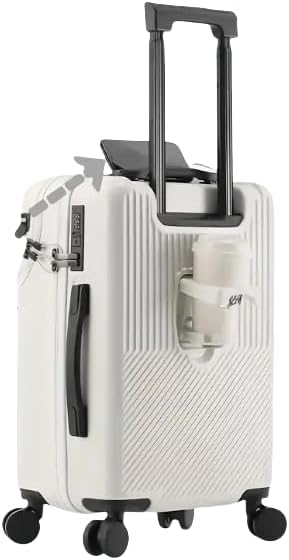 Black unisex hard shell carry-on luggage with USB port, cup holder, and spinner wheels. Ideal for travel.