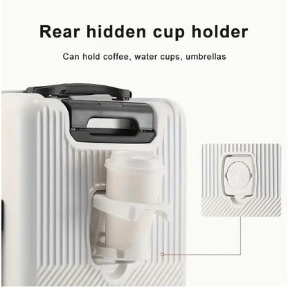 Unisex hard shell carry-on luggage showing integrated USB port for convenient device charging during travel.