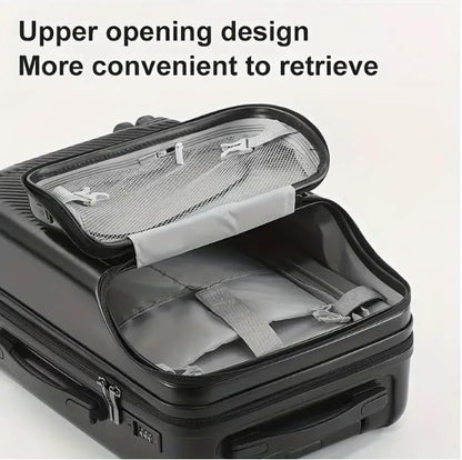 Open hard shell carry-on luggage revealing spacious interior with organization pockets, ready for travel packing.