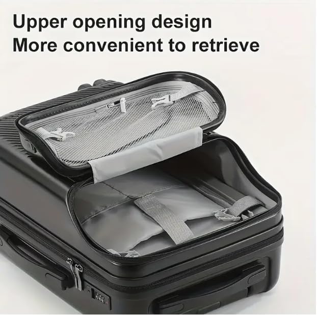 Open hard shell carry-on luggage revealing spacious interior with organization pockets, ready for travel packing.