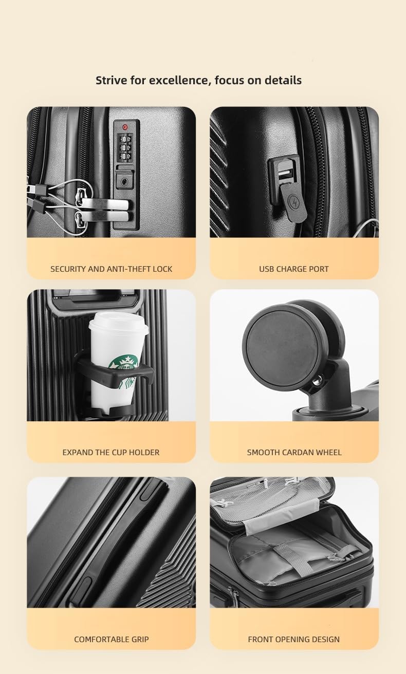 TSA-approved lock detail on a durable black hard shell carry-on luggage, ensuring secure travel.