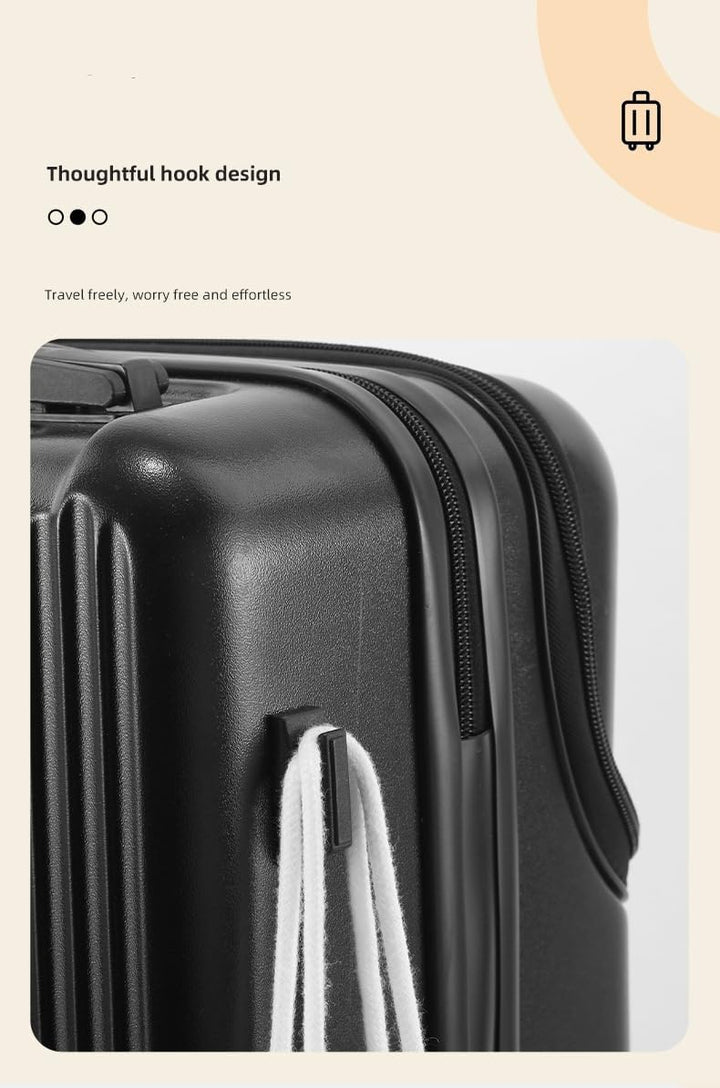 Sleek black hard shell carry-on luggage, made from durable material, ideal for robust travel adventures.