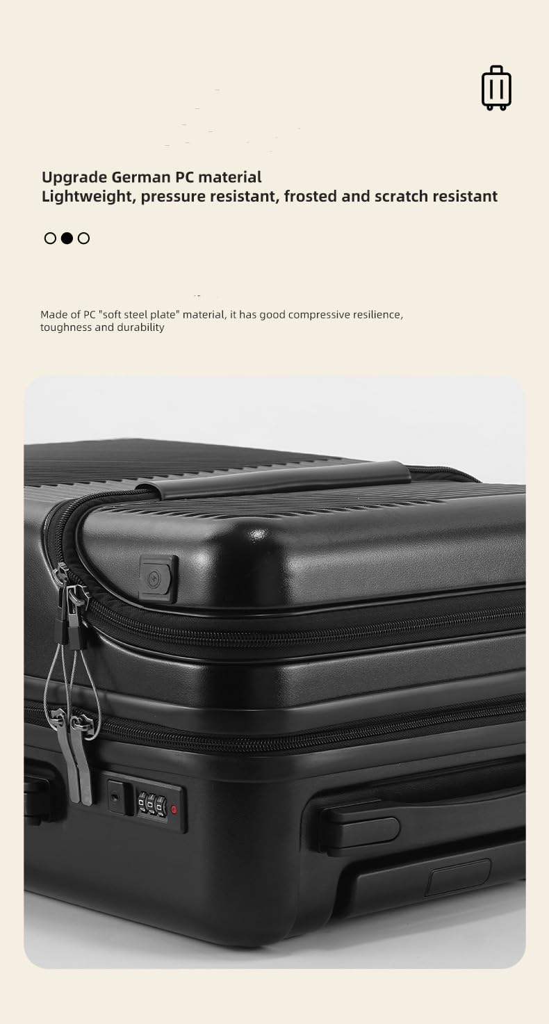 Compact black carry-on luggage showcasing its hardshell design, USB charging, & cup holder for efficient travel.