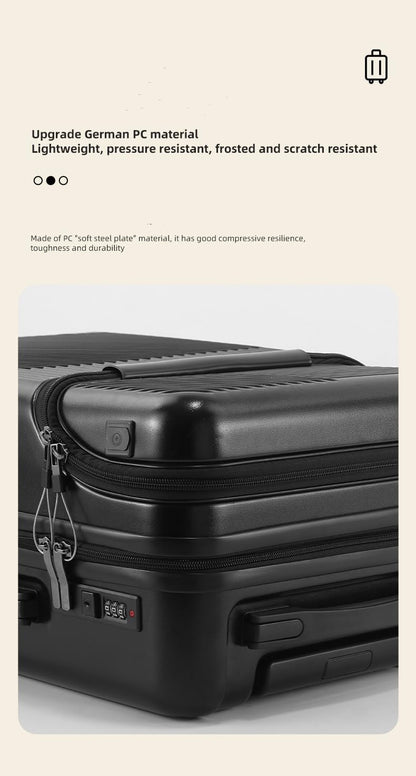 Compact black carry-on luggage showcasing its hardshell design, USB charging, & cup holder for efficient travel.