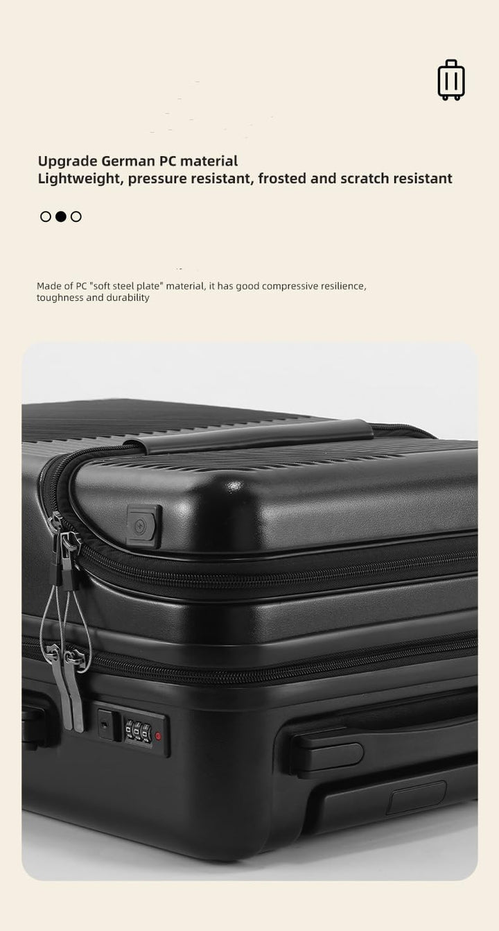 Compact black carry-on luggage showcasing its hardshell design, USB charging, & cup holder for efficient travel.
