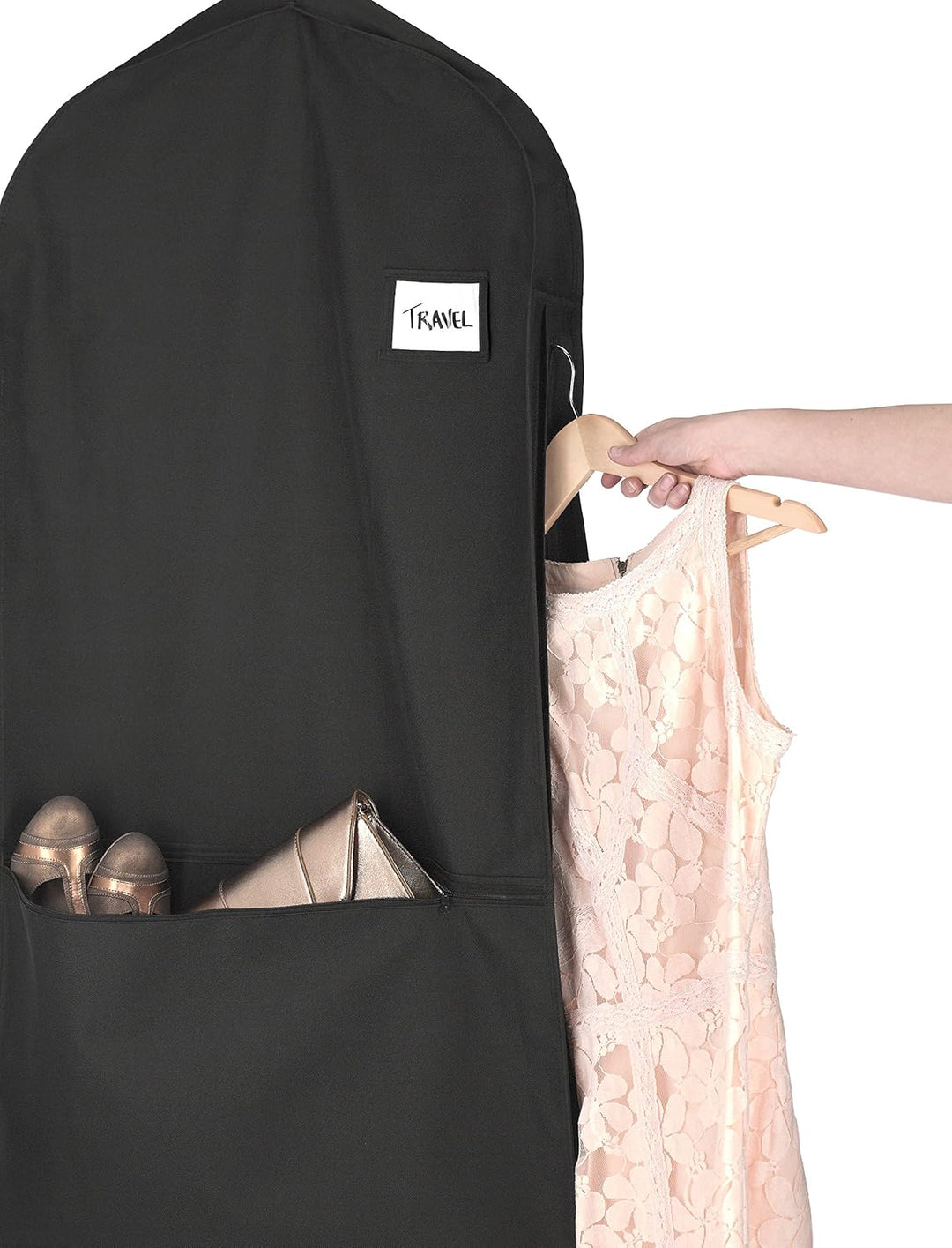 Unisex water-repellent zippered suit carrier with accessory pocket, ideal for organized travel.