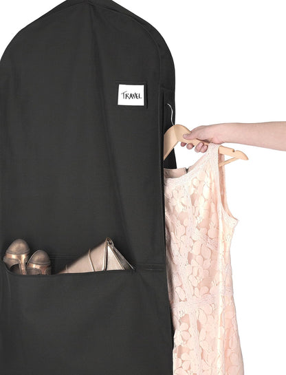 Unisex water-repellent zippered suit carrier with accessory pocket, ideal for organized travel.