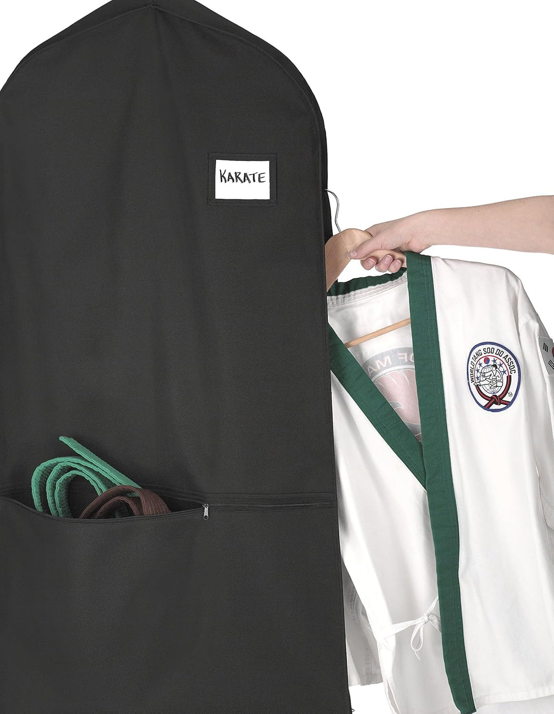 Organize & protect your wardrobe with this black water-repellent zippered travel garment bag.