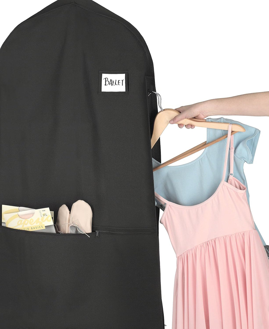 Water-repellent garment bag protects suits & dresses during travel; features secure zipper.