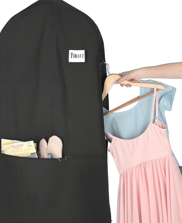 Water-repellent garment bag protects suits & dresses during travel; features secure zipper.