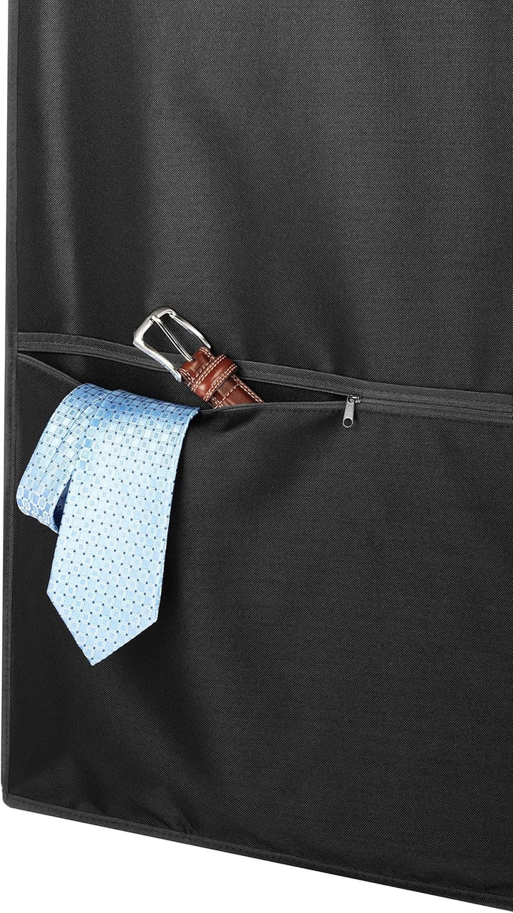Zippered black garment bag for travel, includes a handy accessory pocket for essentials.