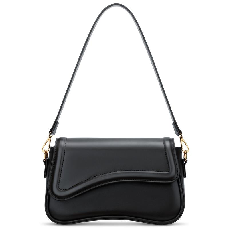 Black vegan leather Ravello women's shoulder bag with a distinct curved flap, an elegant and sophisticated accessory.