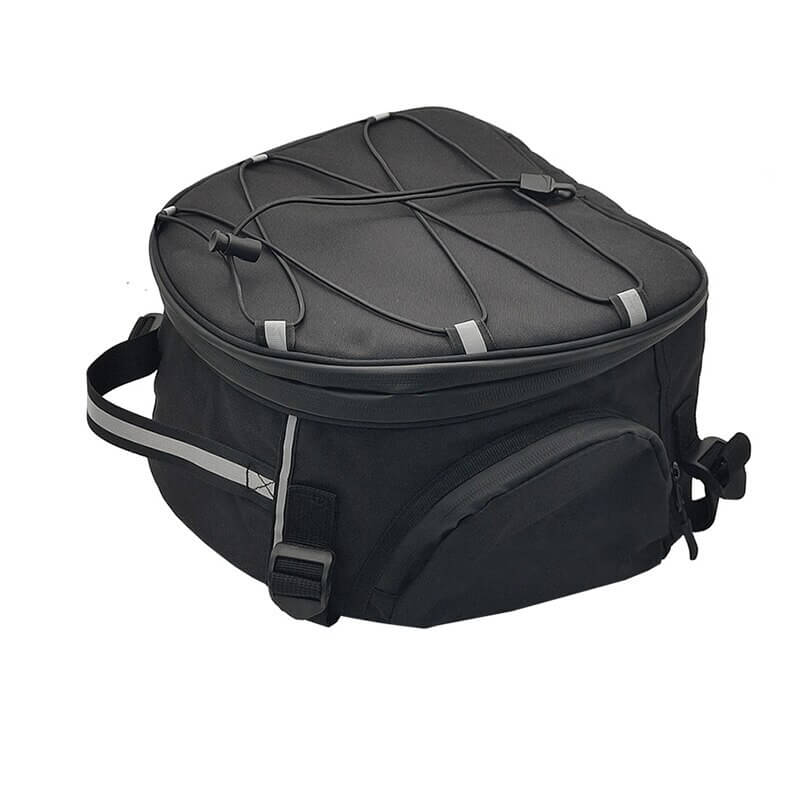 Black water-resistant motorcycle gear bag with multiple compartments for rider essentials and travel.