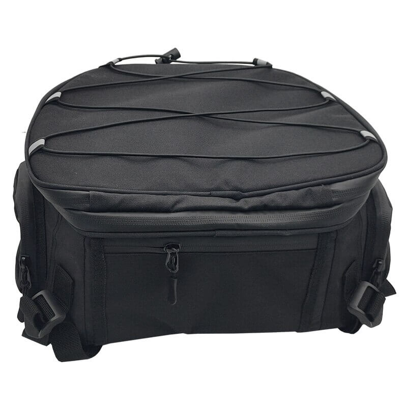 Protective black water-resistant motorcycle gear bag. Ample multi-compartment storage for riders.