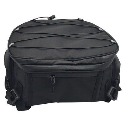 Protective black water-resistant motorcycle gear bag. Ample multi-compartment storage for riders.