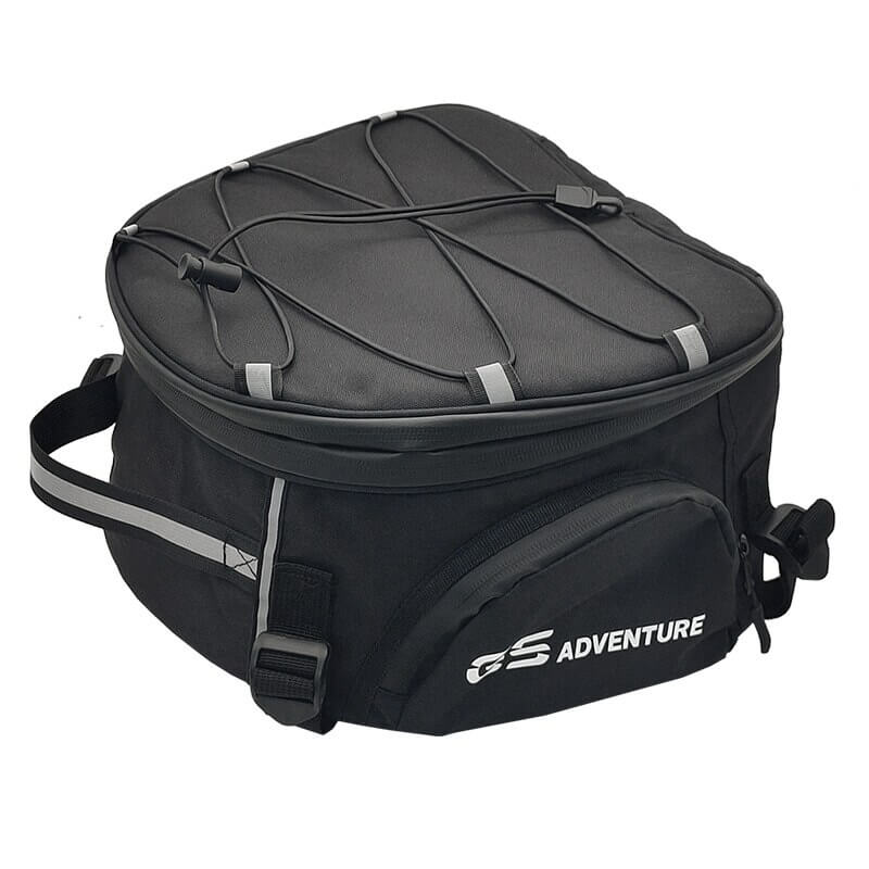 Foldable black water-resistant motorcycle gear bag. Multi-compartment storage for easy travel & rider use.