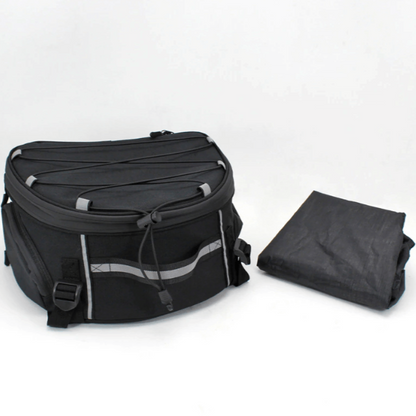 Unisex water-resistant motorcycle gear bag. Black multi-compartment storage for all rider's travel needs.
