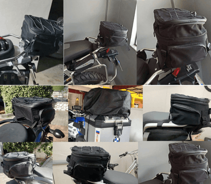 Essential black water-resistant motorcycle gear bag. Multi-compartment storage for protective rider travel.