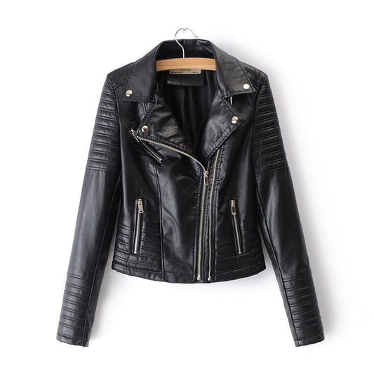 Black women's chic biker jacket with zippers. Edgy outerwear for versatile fall and spring fashion.