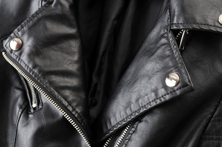 Stylish women's black biker jacket for an edgy look. Versatile fall/spring outerwear, a true fashion statement piece.