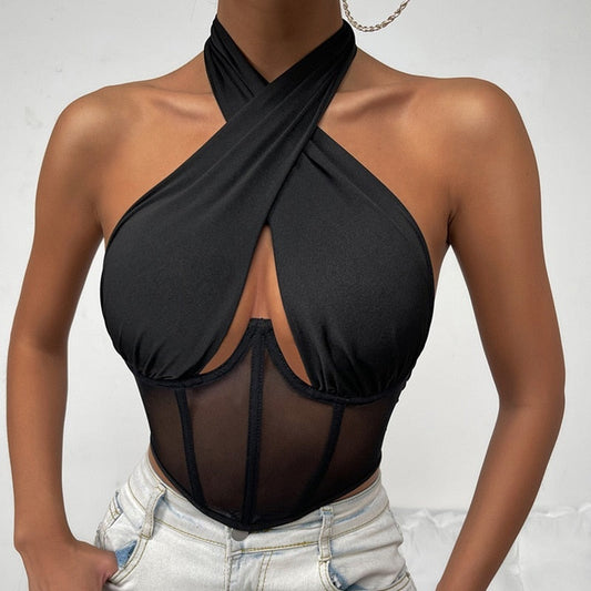 Black women's chic cross halter corset top, elegant and versatile for fashion or daily wear.